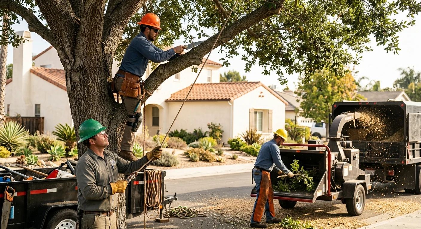 Crew clearing fallen storm-damaged tree limbs from an Oxnard residential yard