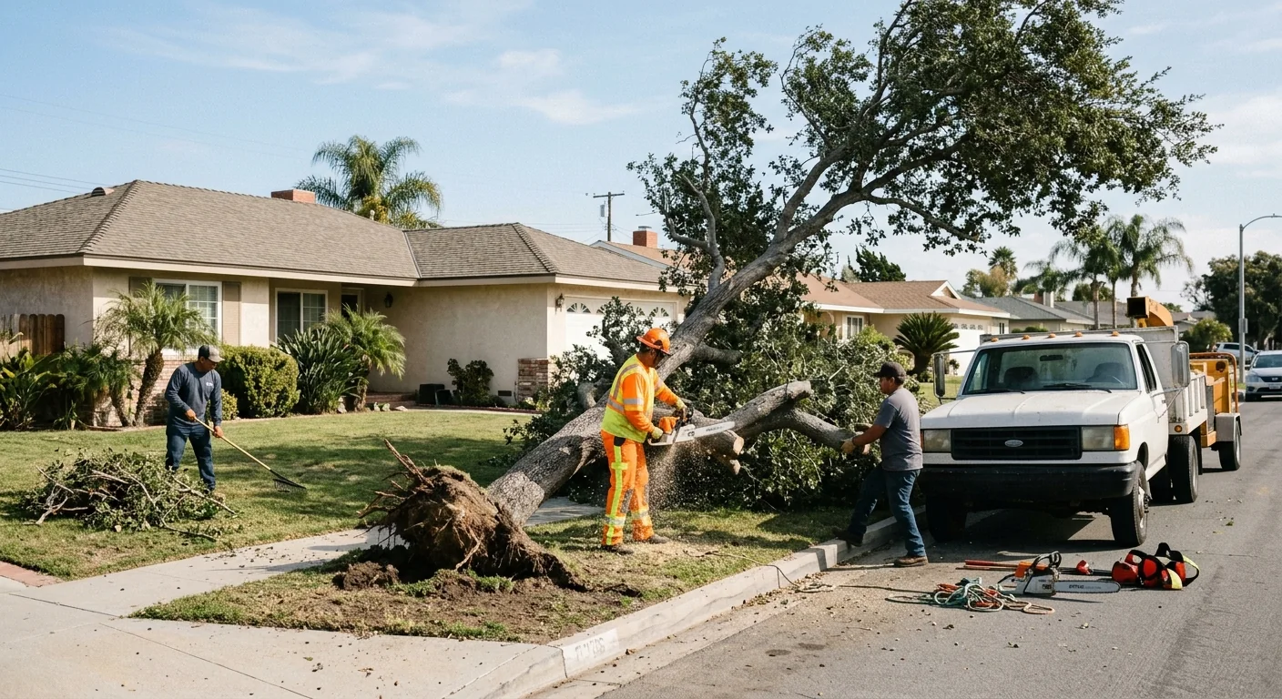 Crew clearing a wind-toppled tree from a residential front yard in Oxnard