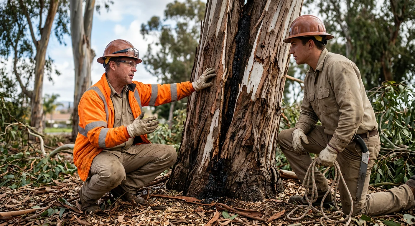 Close-up of a split eucalyptus trunk after a storm in Oxnard