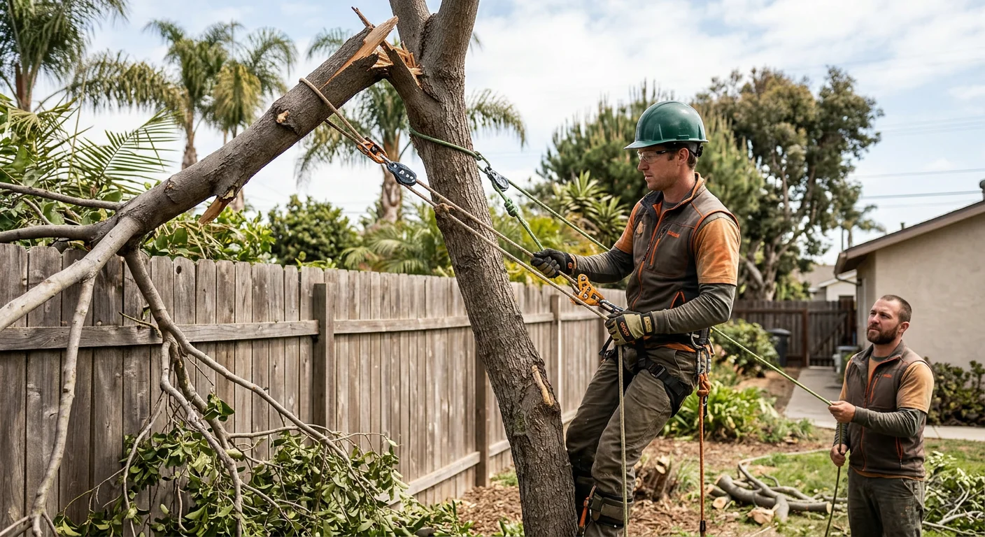 Arborist rigging a broken limb over a backyard fence during cleanup