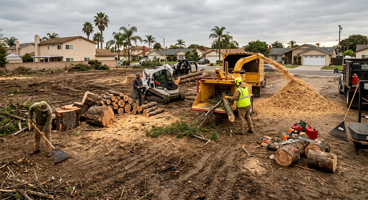 Wide shot of a cleared lot after storm damage tree removal