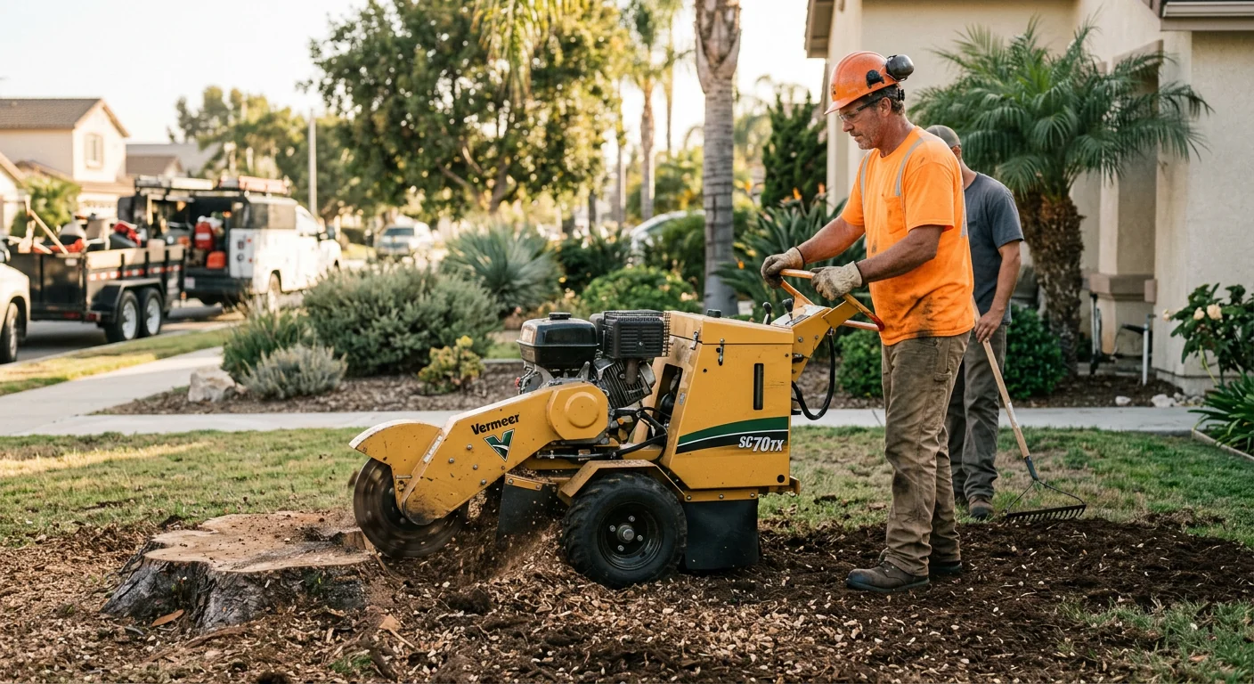 Stump grinder finishing work where a fallen tree once stood