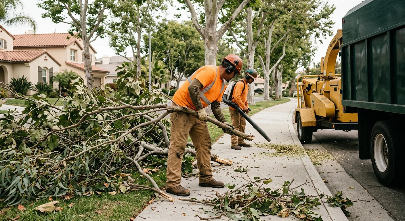 Tangled fallen branches before cleanup along a neighborhood sidewalk