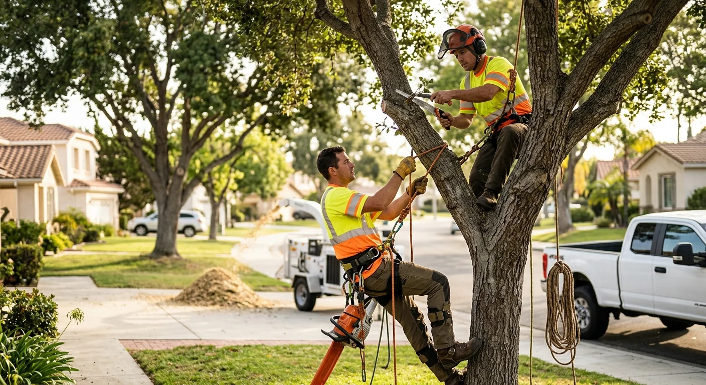 Tree crew reviewing storm cleanup results with an Oxnard homeowner after the job