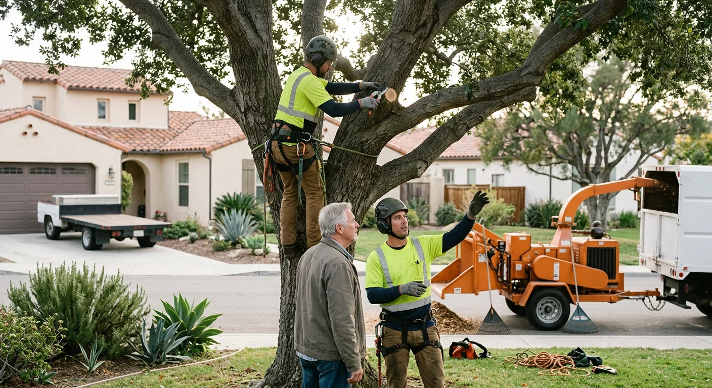 Stump grinder reducing a large tree stump below grade in an Oxnard backyard