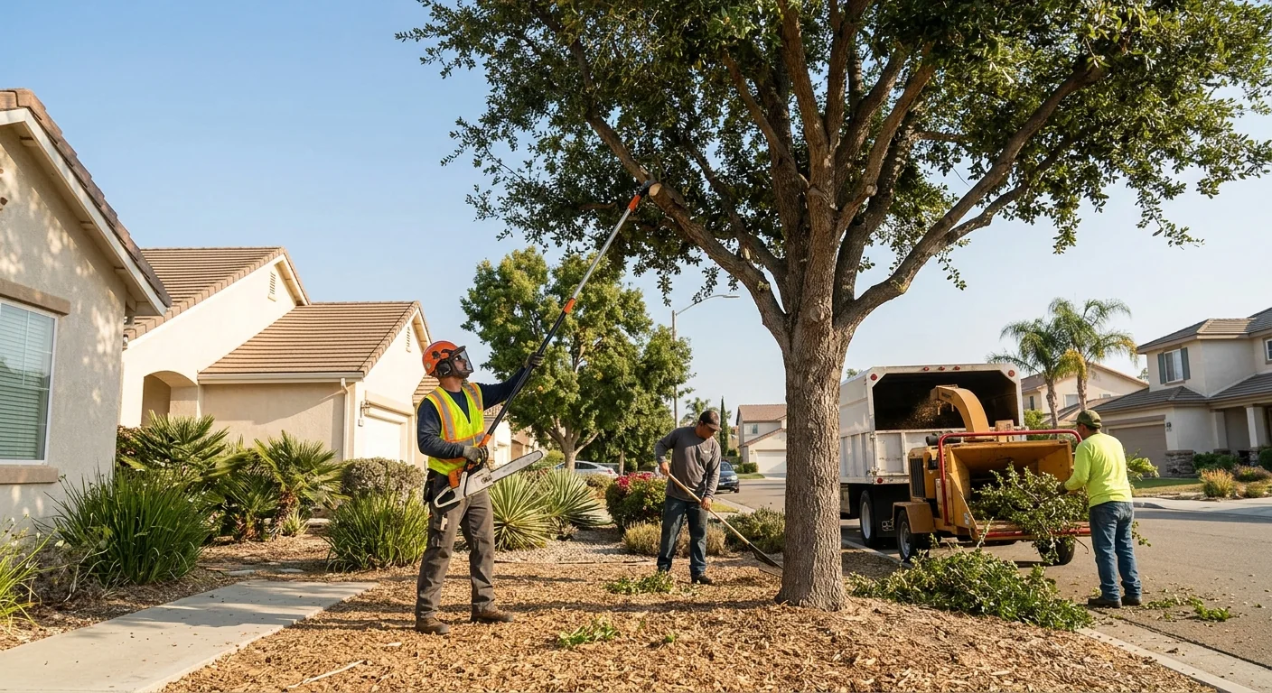 Technician operating a stump grinder on a residential yard in Oxnard