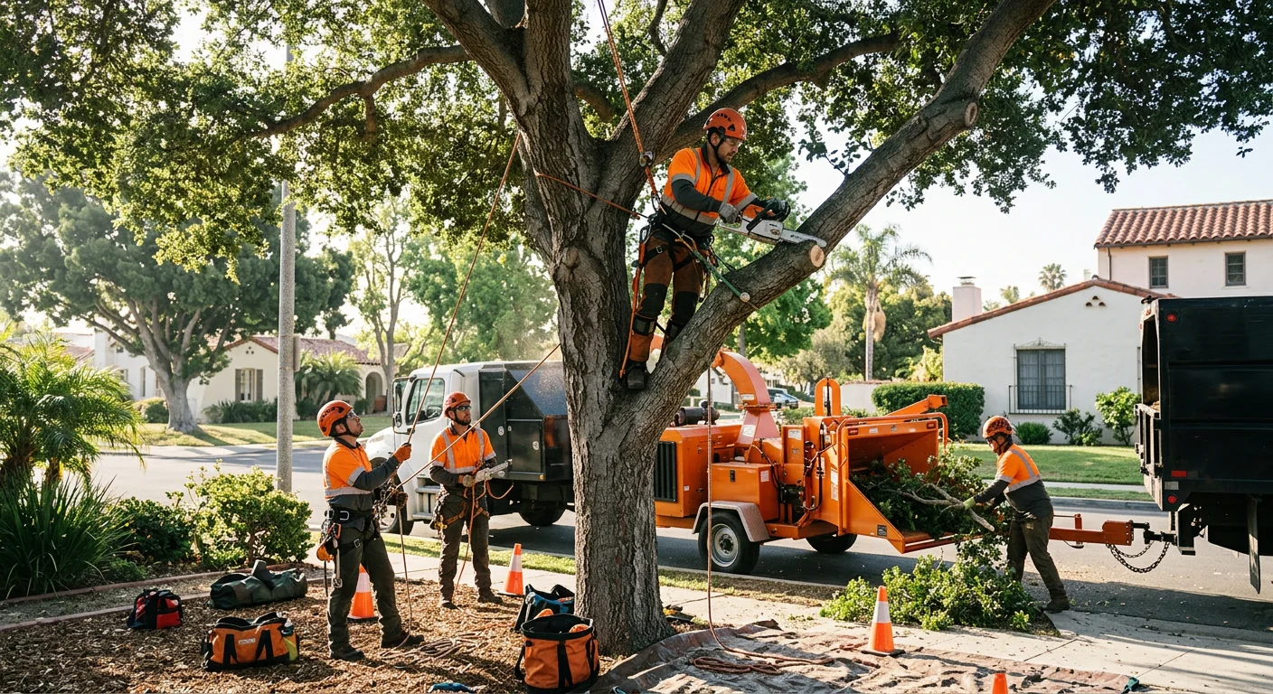 Carbide-tooth grinder reducing a tree stump to mulch in an Oxnard backyard