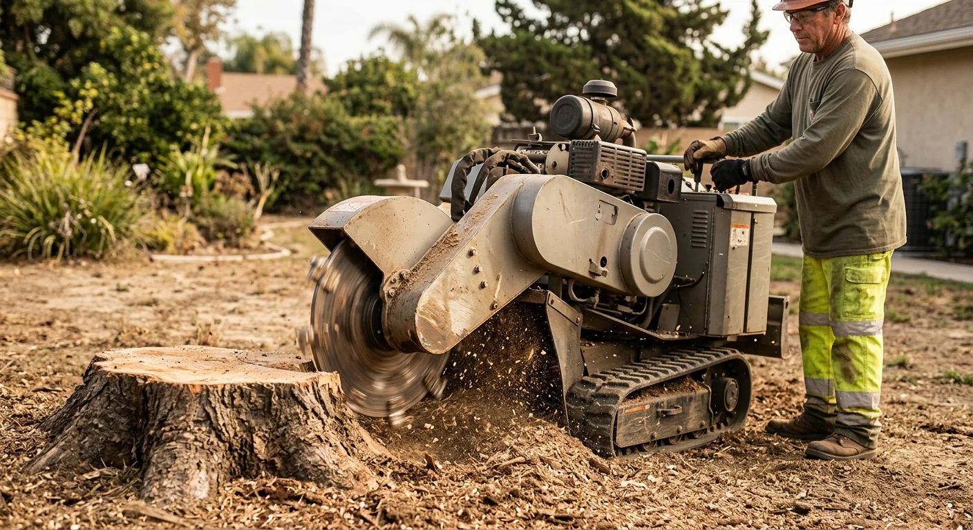 Close-up of a stump grinder wheel cutting into a hardwood stump below grade