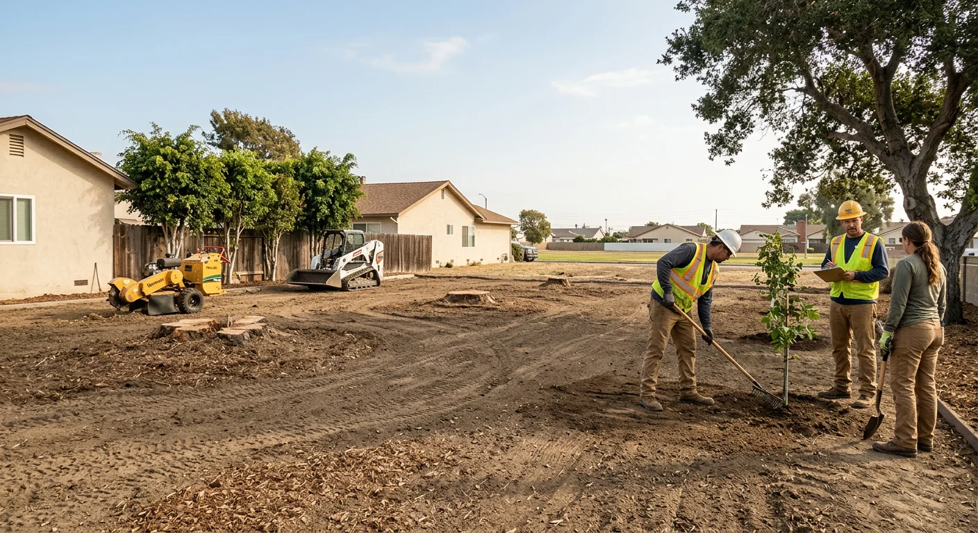 Wide shot of a leveled backyard in Oxnard after complete stump removal