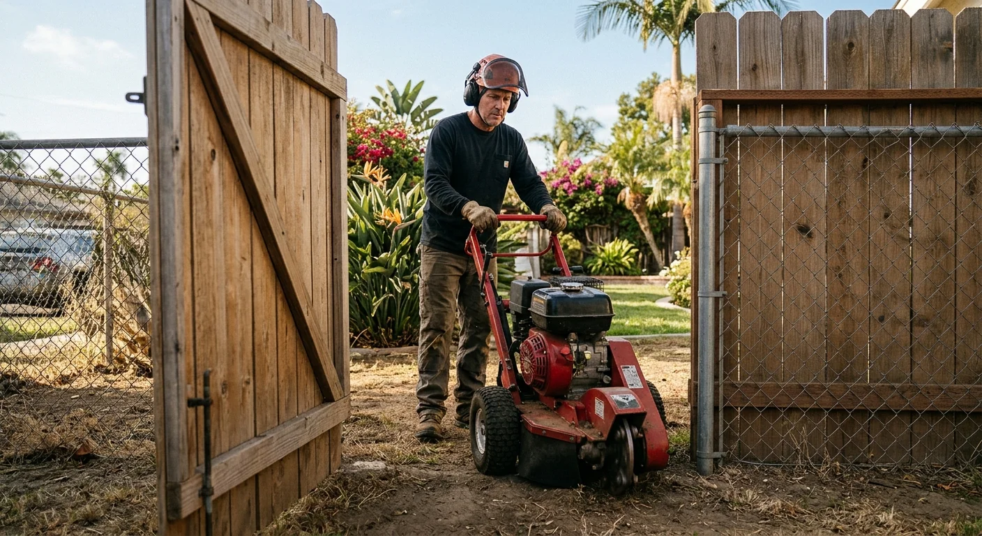 Compact stump grinder maneuvering through a narrow gated backyard entrance