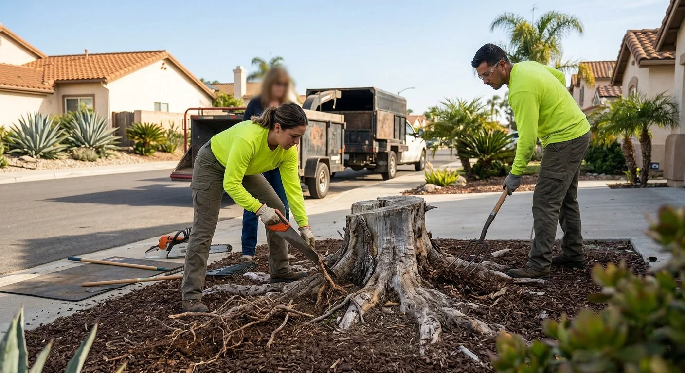 Before context showing an aging tree stump surrounded by surface roots