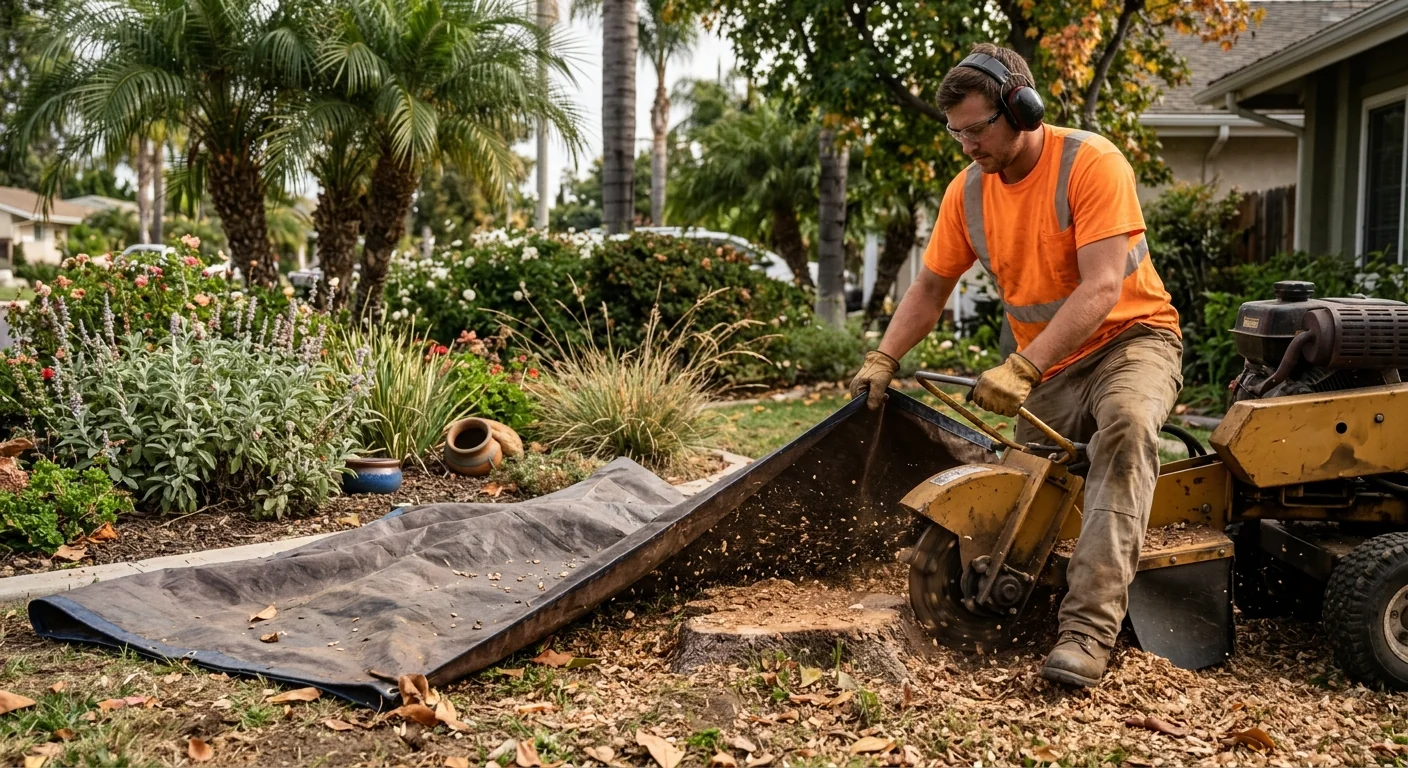 Crew member operating grinding equipment while protecting nearby garden beds