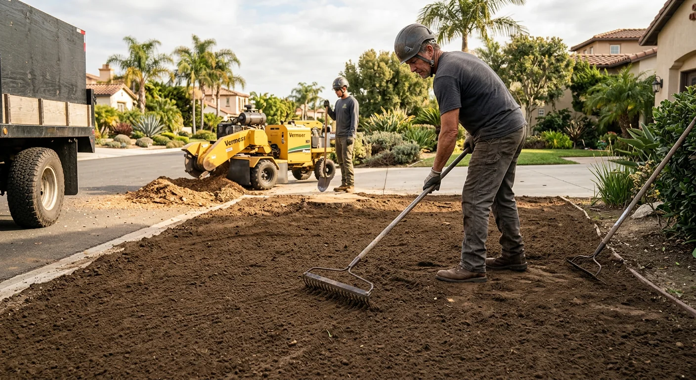 Smooth raked soil where a large stump was removed and leveled