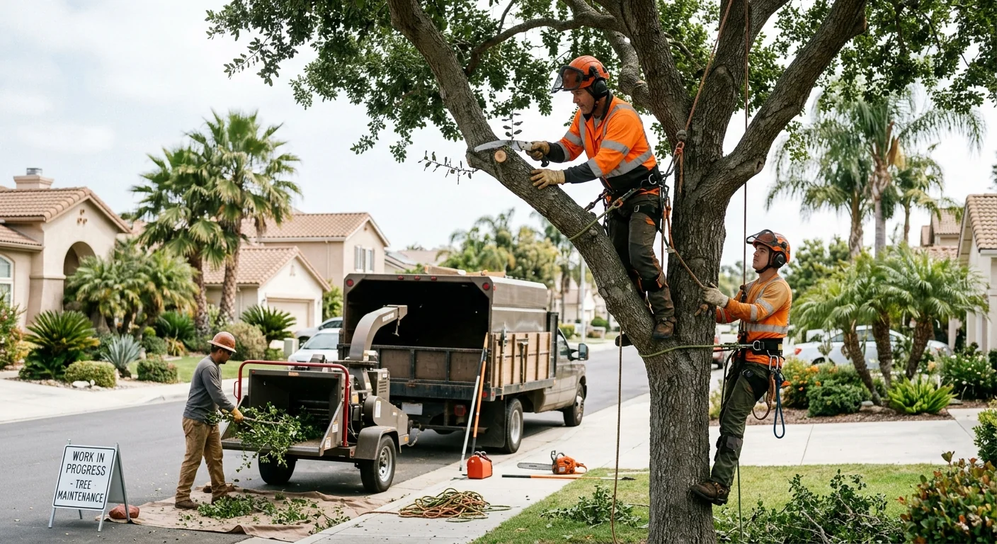 Tree crew reviewing a completed stump grinding site with an Oxnard homeowner