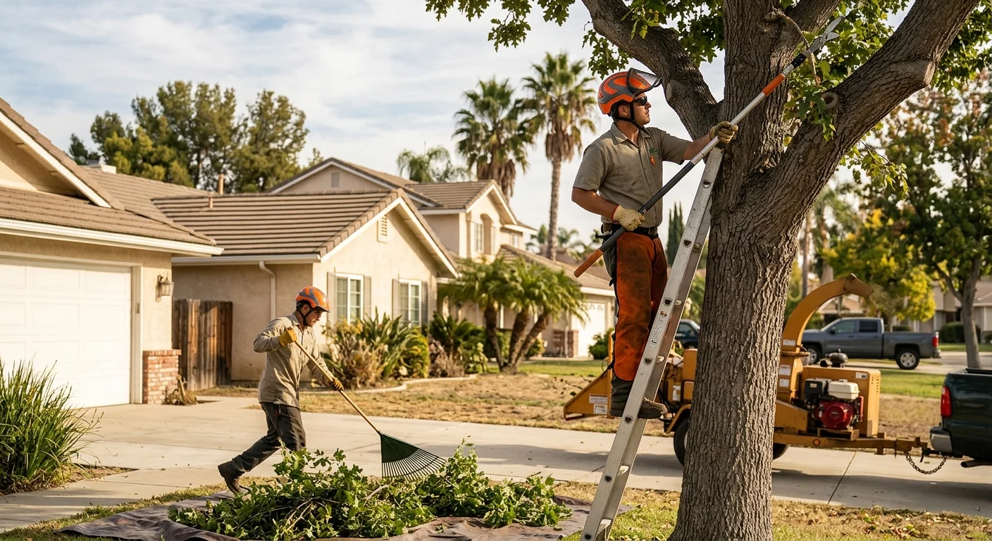 Arborist inspecting cabled oak canopy on a residential Oxnard property