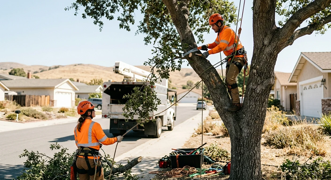 Arborist installing steel cable support between limbs of a mature tree in Oxnard