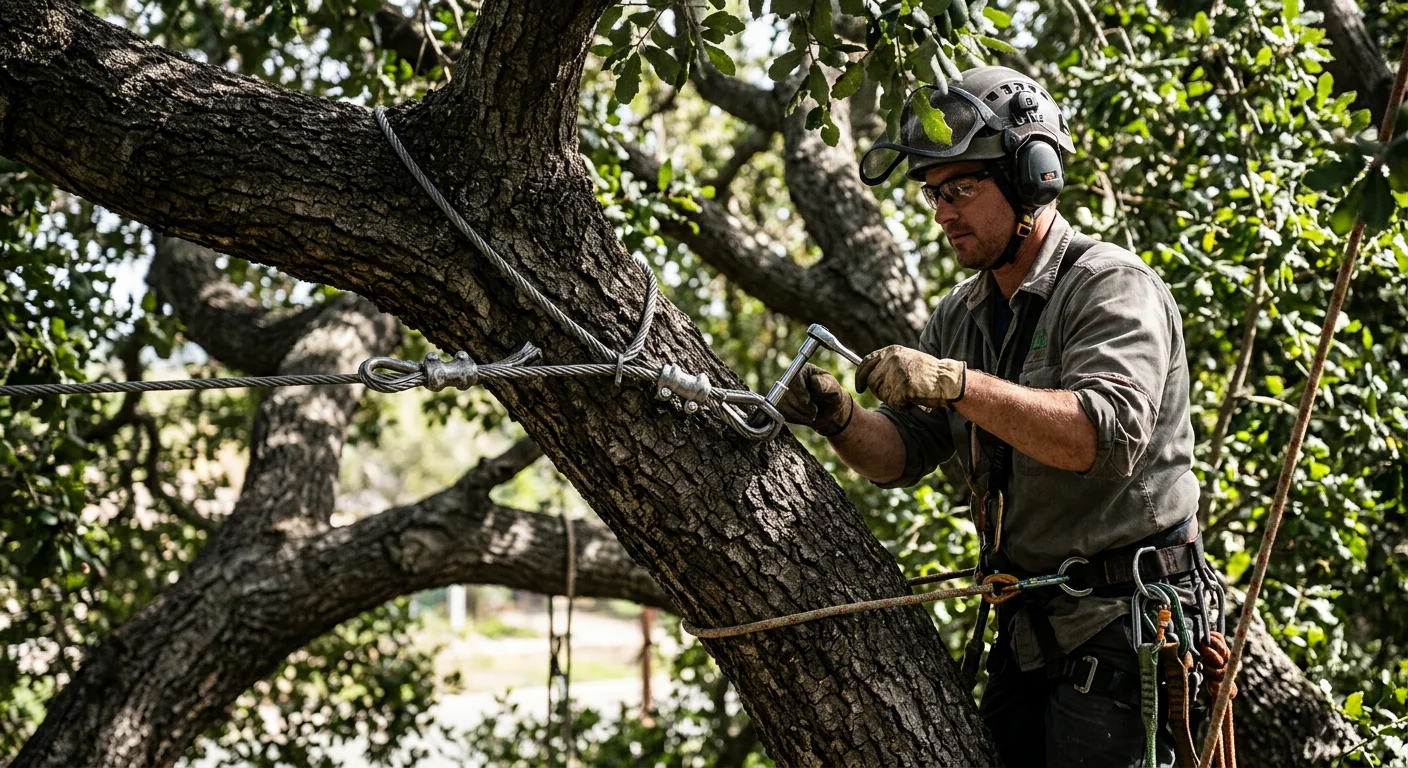 Close-up of steel cable anchored high in a mature oak canopy