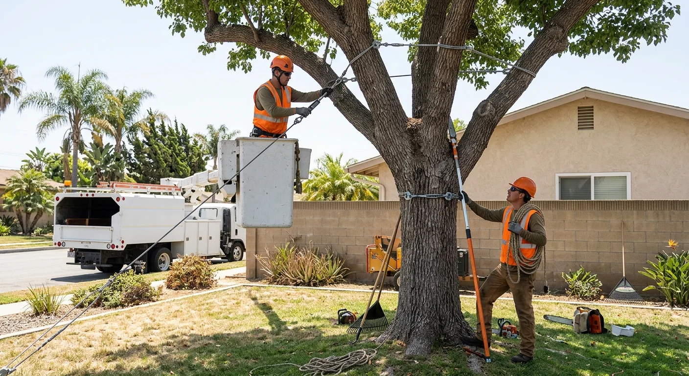 Wide shot of a braced backyard tree on an Oxnard residential lot