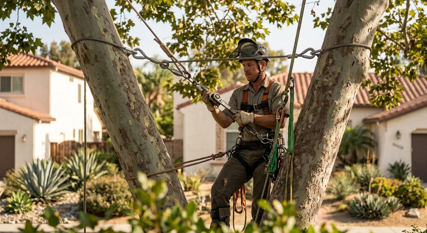 Arborist tensioning support cable between two co-dominant stems