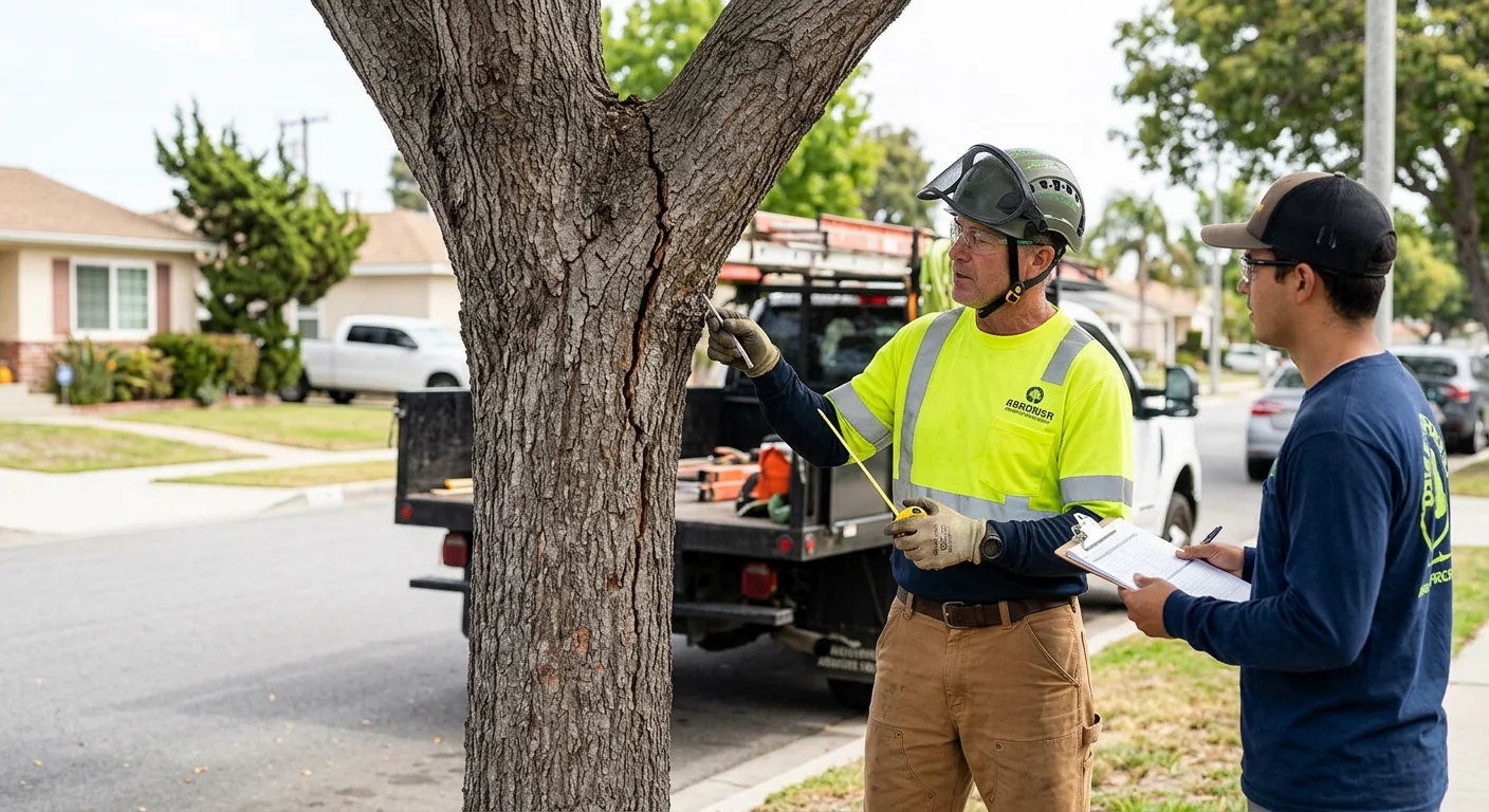 Street-facing tree showing early stem crack before support installation