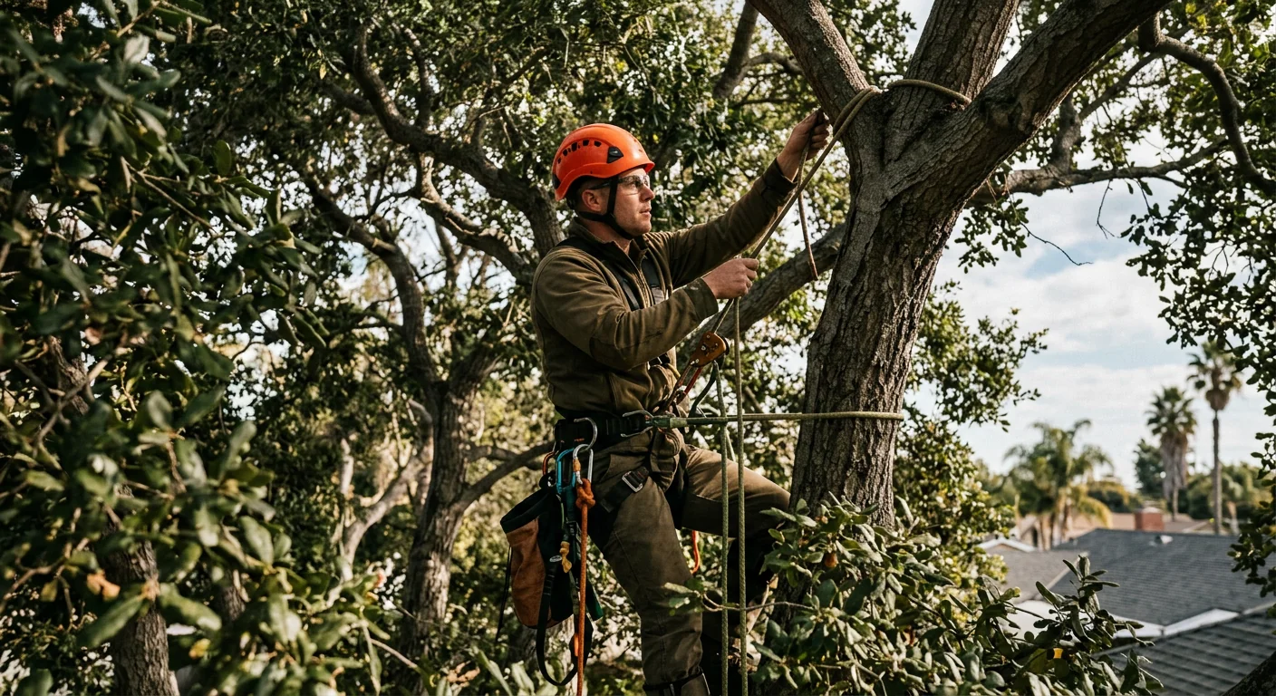 Crew member climbing to set high anchor points in tall canopy