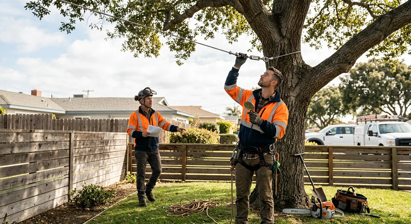 Seasonal inspection of cabled tree near coastal Oxnard fencing