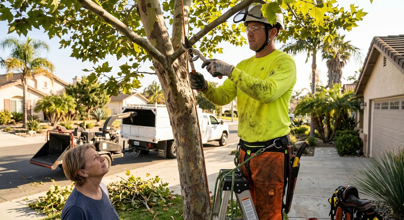 Tree care crew reviewing a braced tree during a follow-up inspection on an Oxnard property