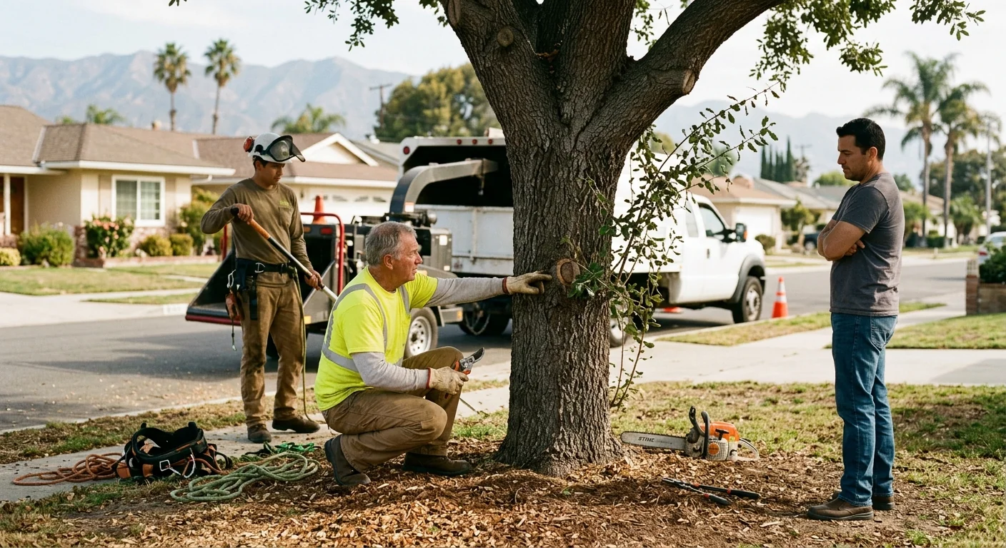 Arborist inspecting a mature tree canopy during a maintenance visit in Oxnard