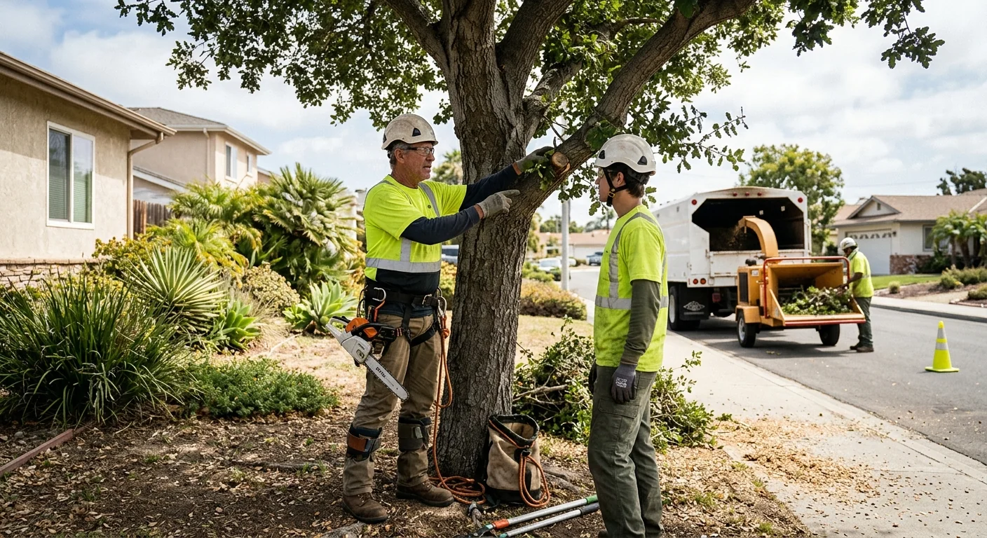 Arborist inspecting a healthy backyard tree during a maintenance visit in Oxnard