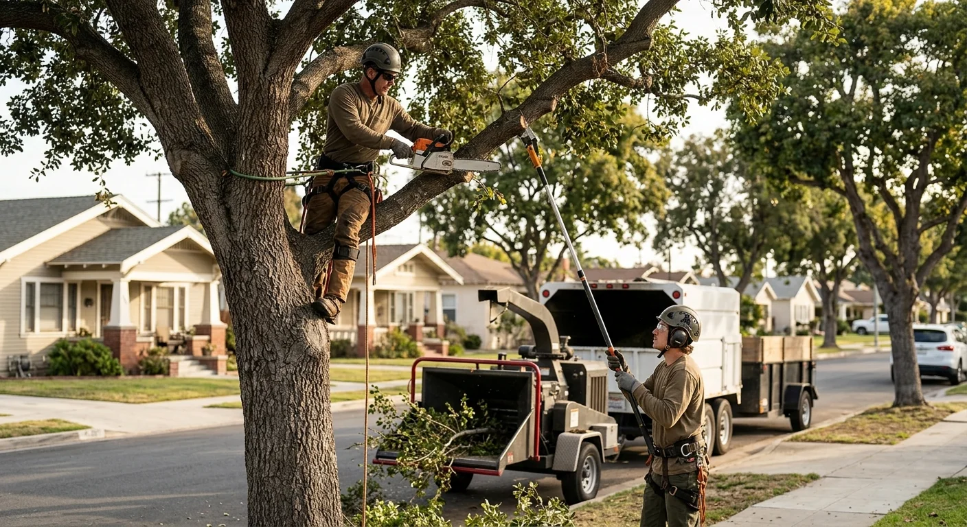 Arborist inspecting tree canopy health during routine maintenance visit in Oxnard