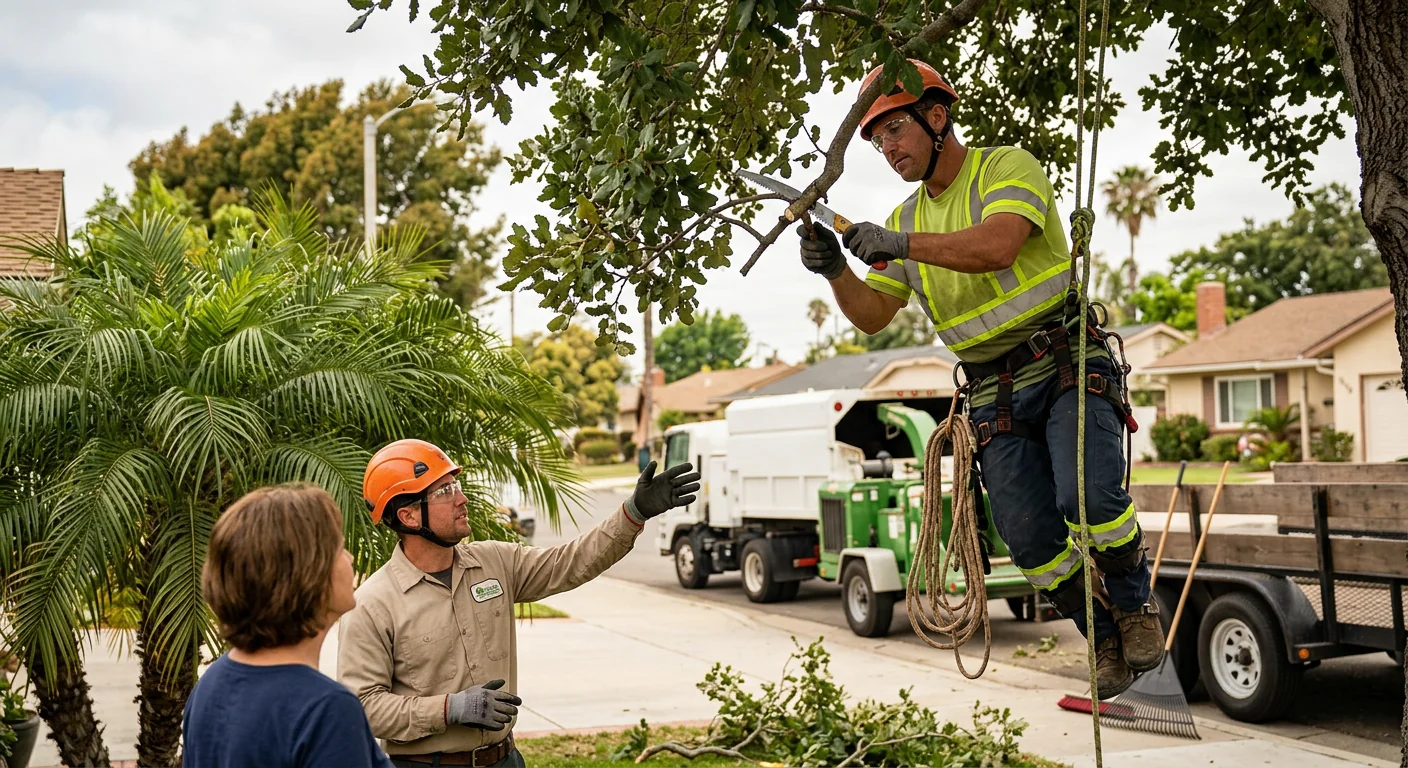 Arborist inspecting a mature tree canopy during a routine maintenance visit in Oxnard