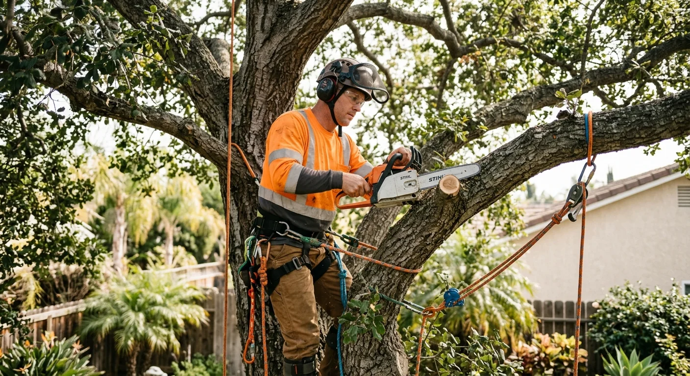 Arborist making a clean structural pruning cut on a mature backyard oak