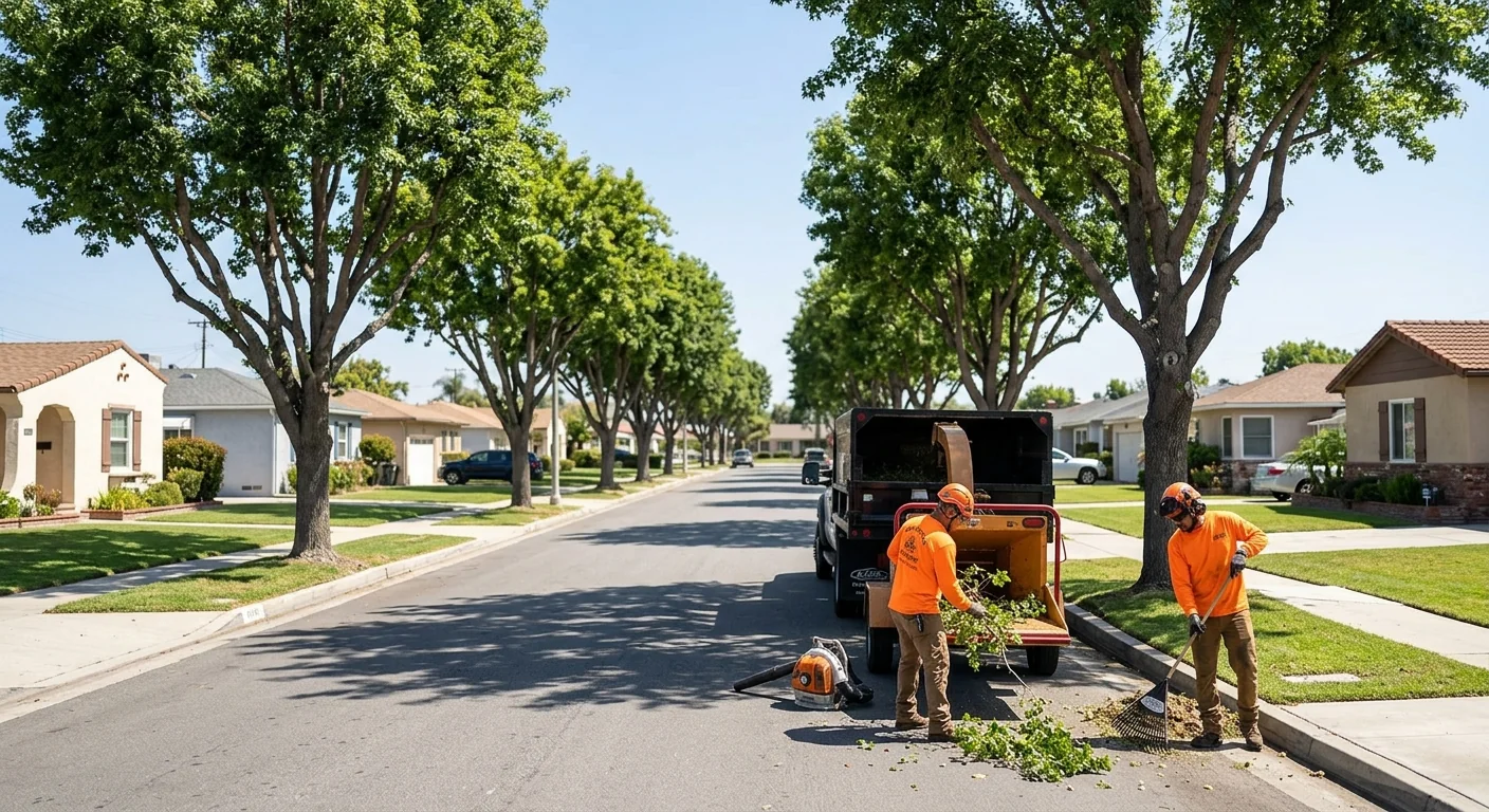 Wide view of a healthy trimmed residential canopy after seasonal maintenance in Oxnard