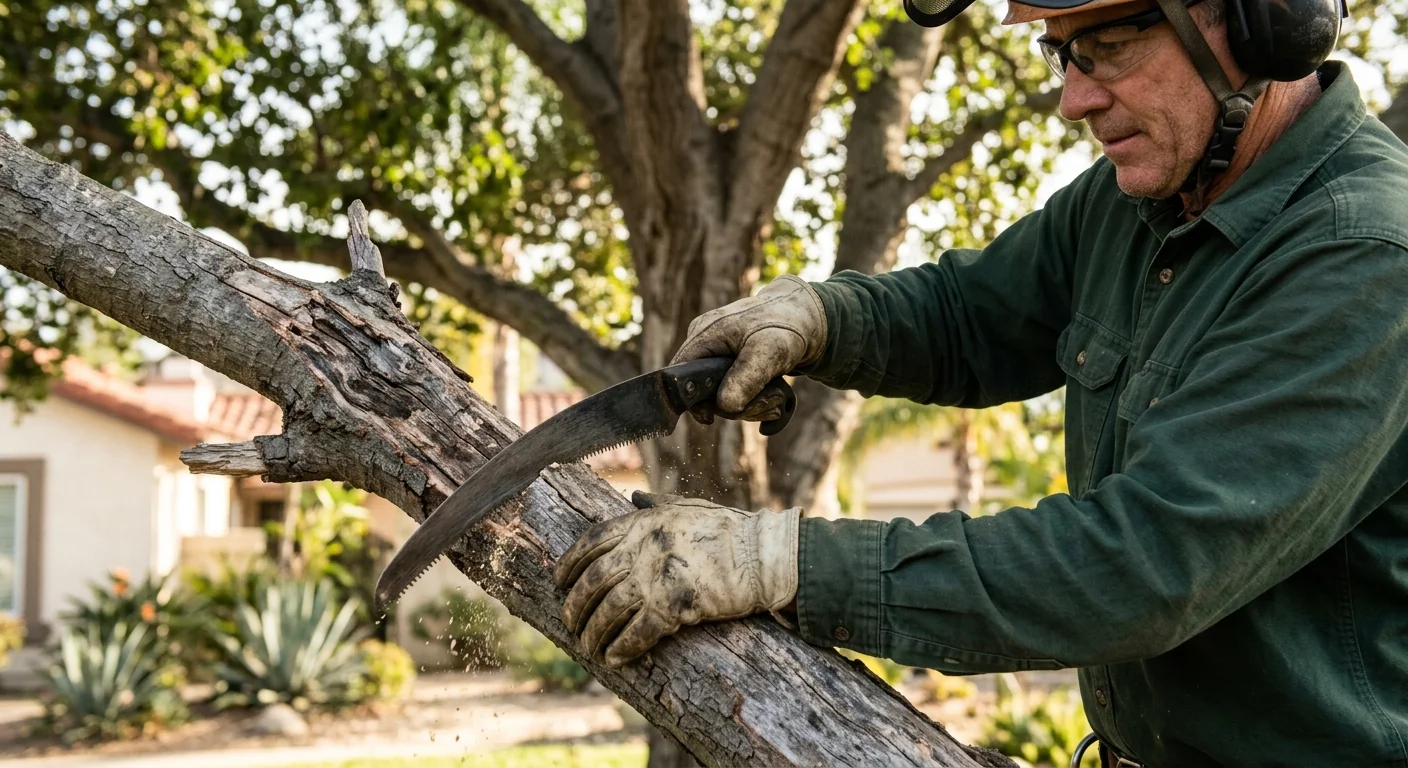Close-up of deadwood being removed from a tree branch with hand saw