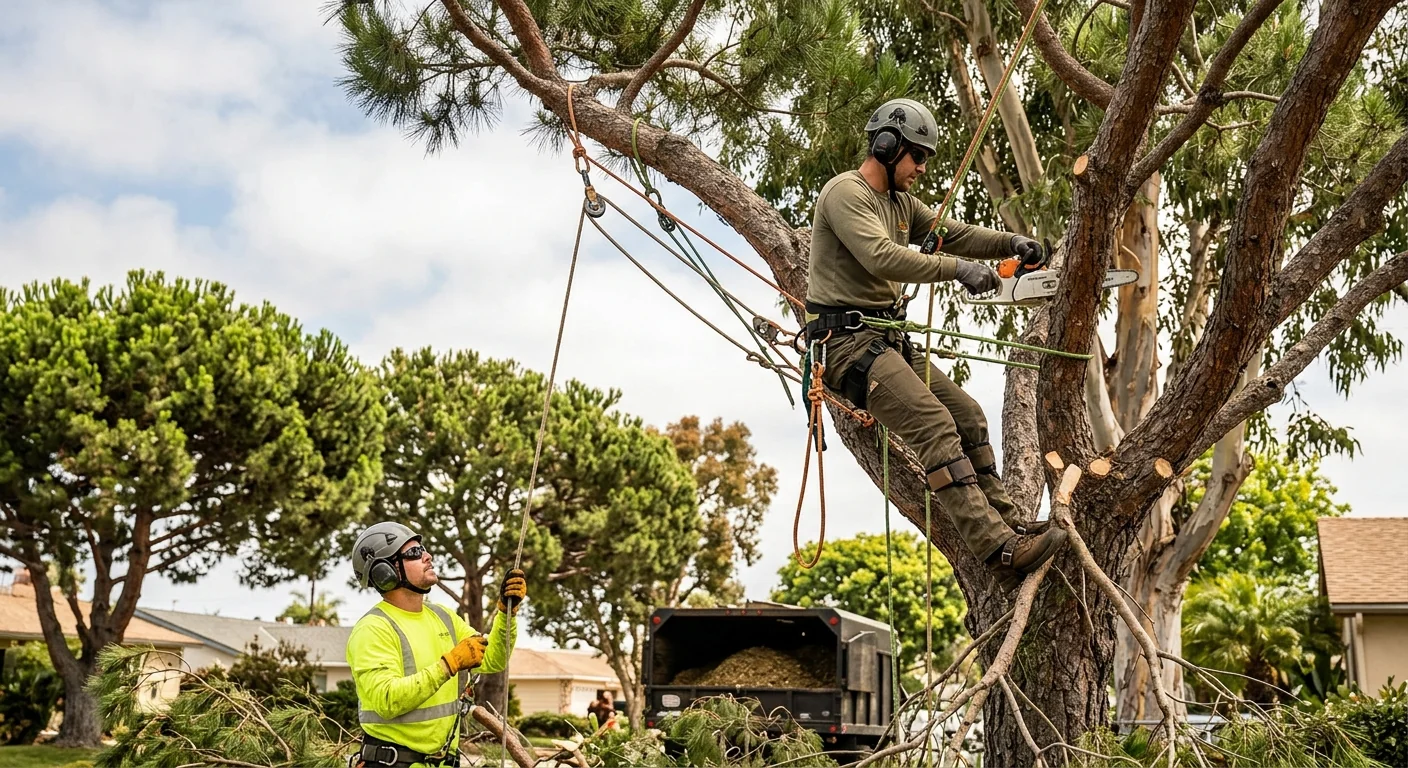 Crew performing crown thinning on tall coastal trees using rope and harness