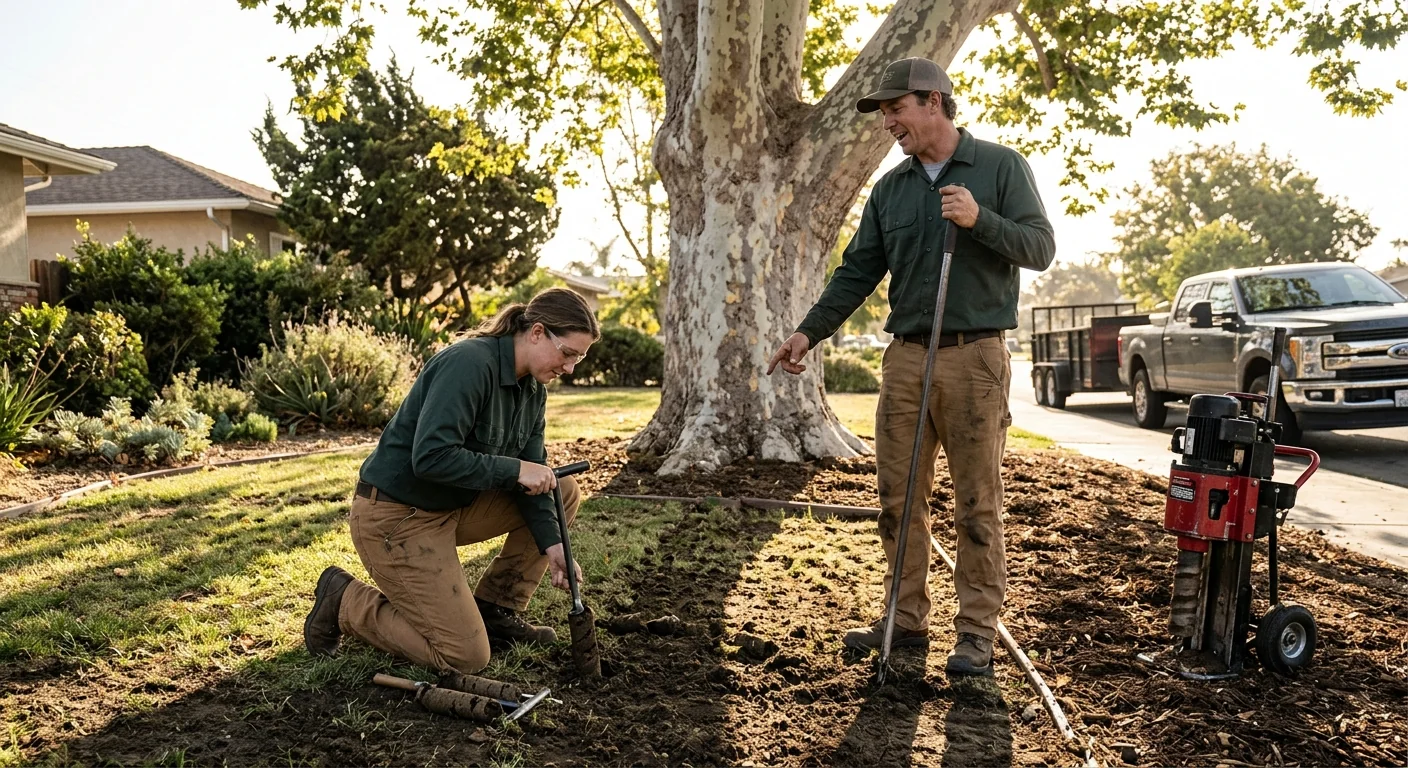 Soil aeration and root-zone care around the base of a large shade tree