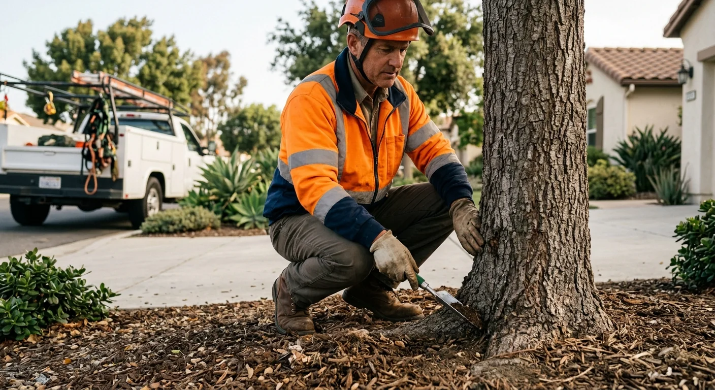 Arborist inspecting bark and root flare for early signs of disease