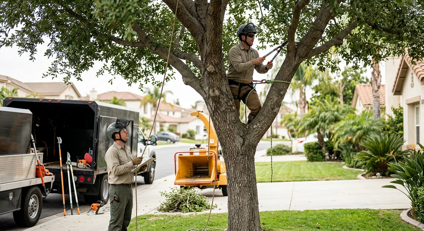 Tree care crew reviewing a maintenance plan with a homeowner beside healthy trees in Oxnard
