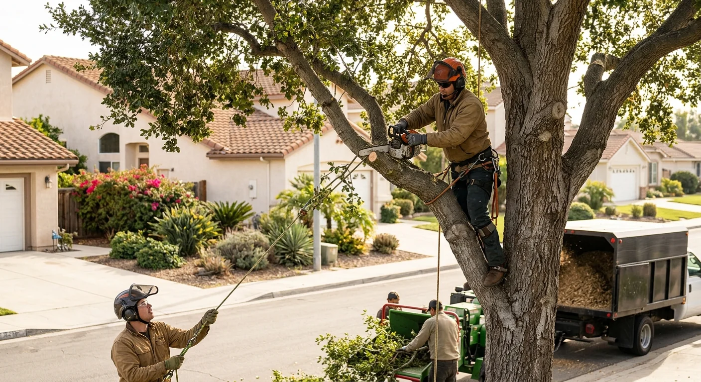 Arborist planting a young tree with fresh mulch in an Oxnard residential yard