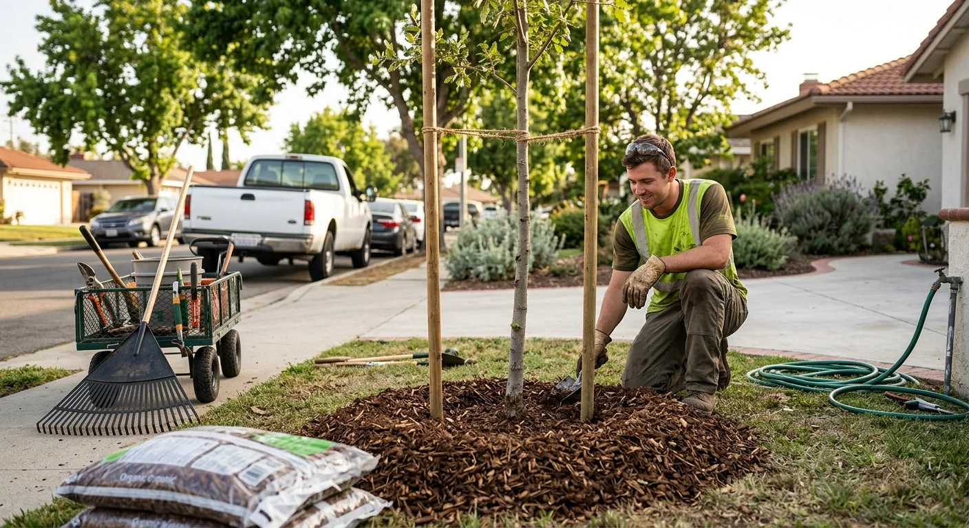 Newly planted shade tree with mulch ring in an Oxnard front yard