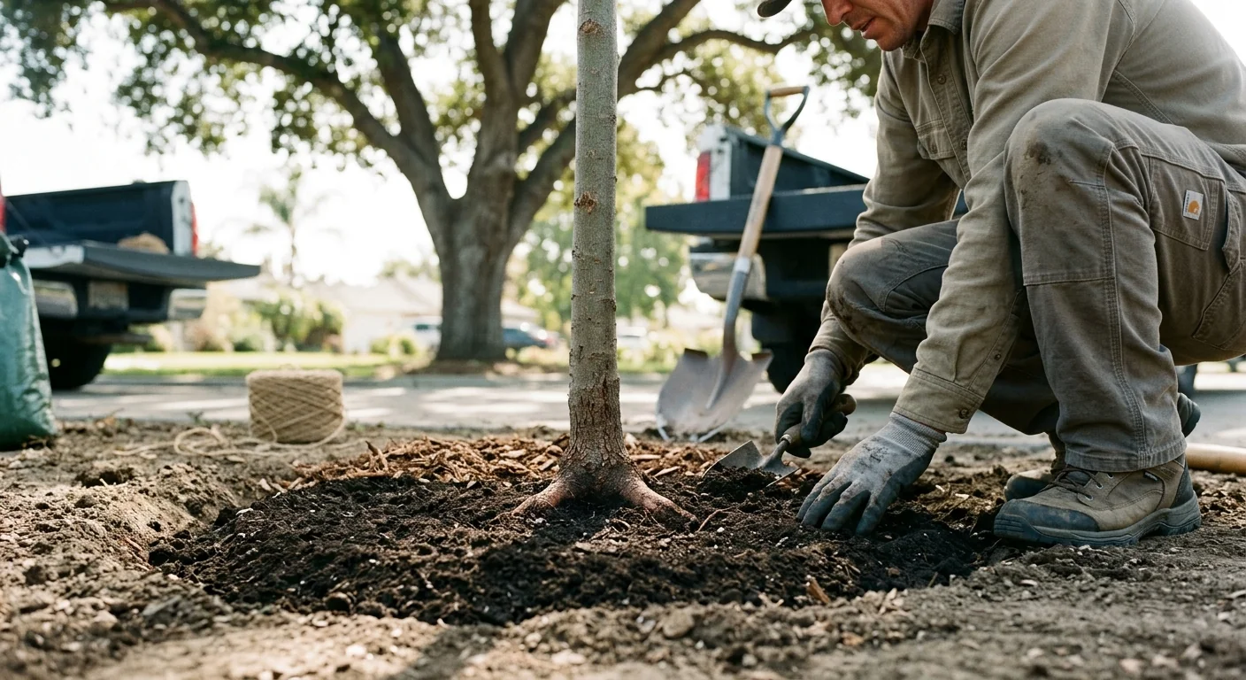 Close-up of properly set root flare and fresh soil backfill during planting