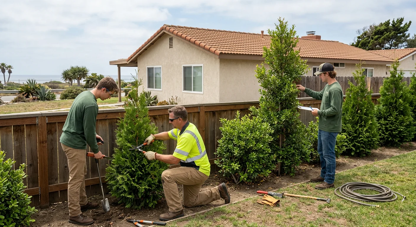 Row of young privacy trees screening a coastal Oxnard property line