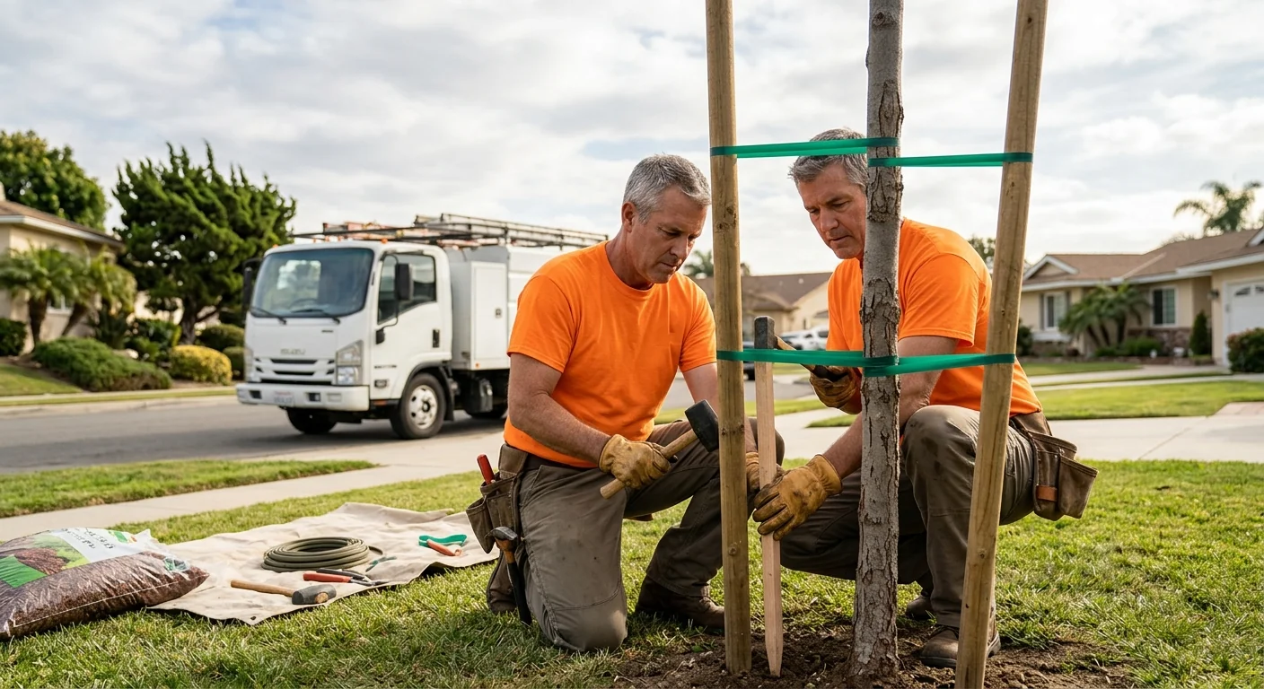 Arborist staking a young tree against wind exposure on a residential lot