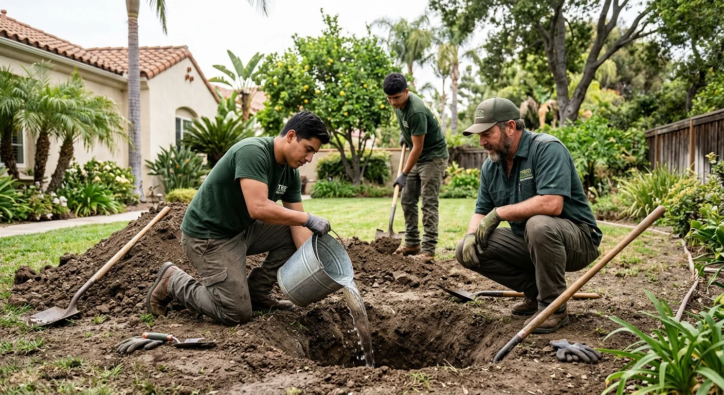 Crew digging a planting hole and checking soil drainage in a backyard