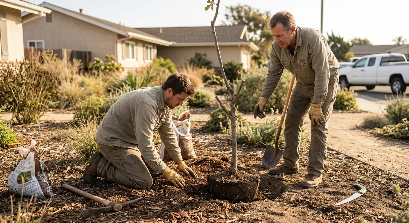 Drought-tolerant tree freshly planted in an Oxnard water-conscious garden