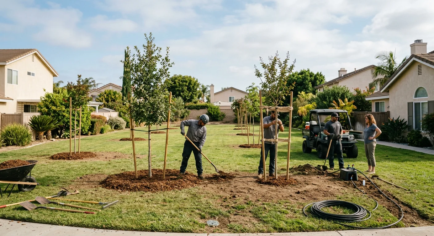 Wide view of finished multi-tree planting across an open residential yard