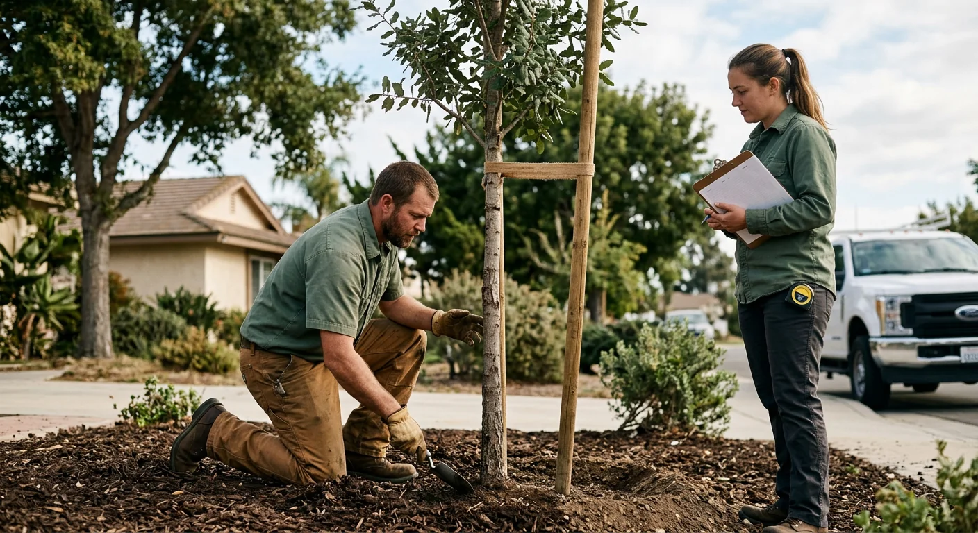 Follow-up inspection checking root establishment on a young planted tree