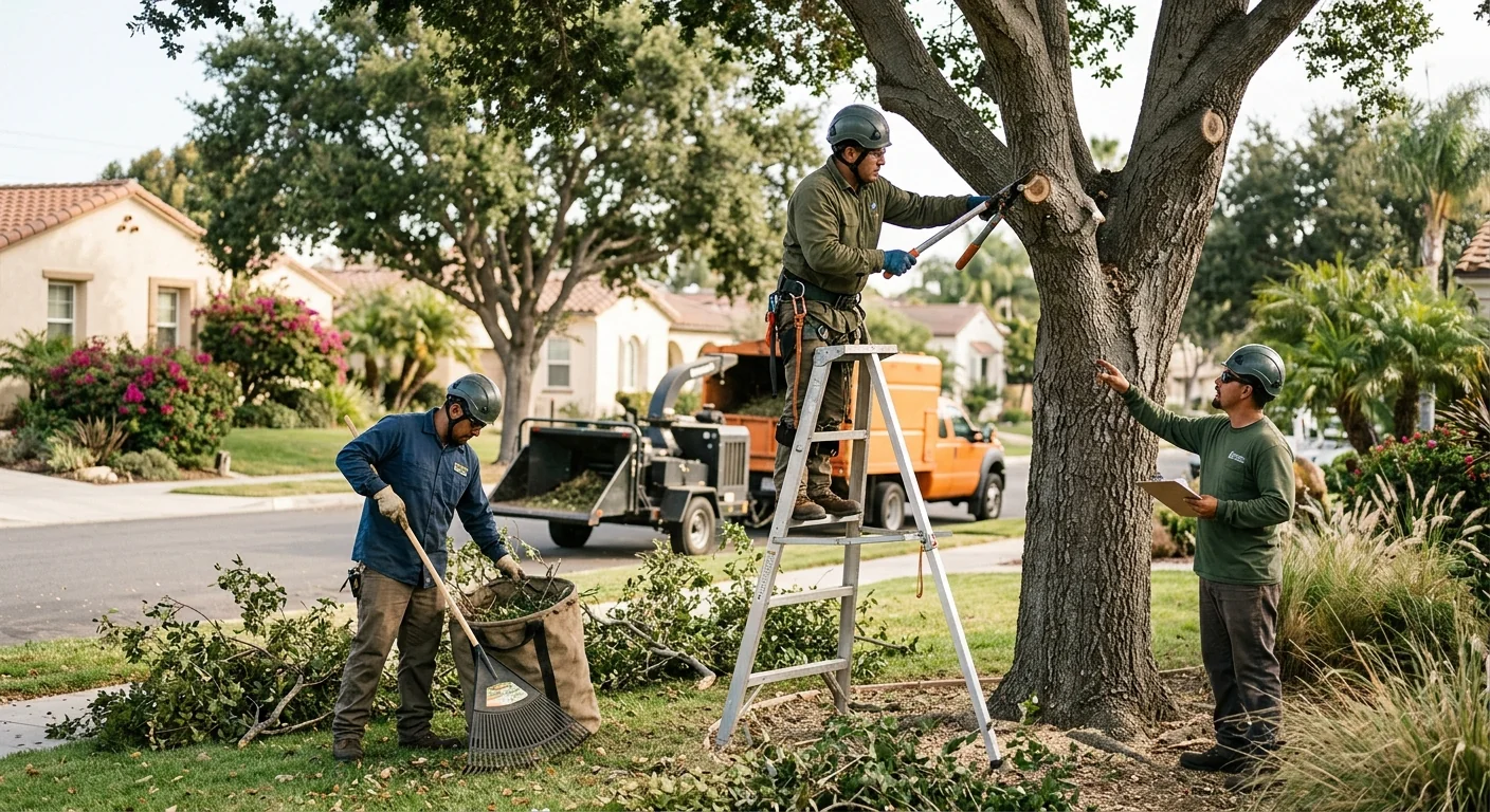 Arborist shaping a mature tree canopy during a residential pruning visit in Oxnard