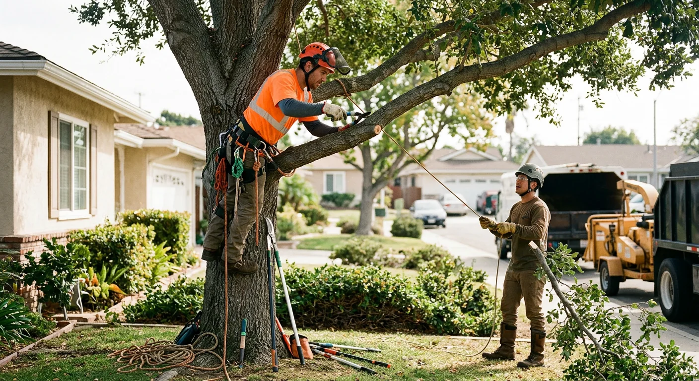 Arborist pruning a backyard tree during a scheduled Oxnard tree care visit