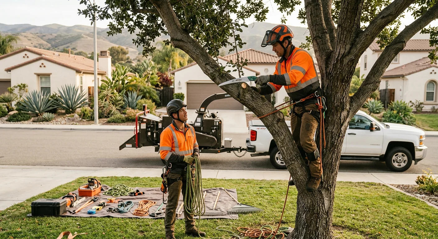 Arborist making a precise pruning cut on a backyard tree in Oxnard
